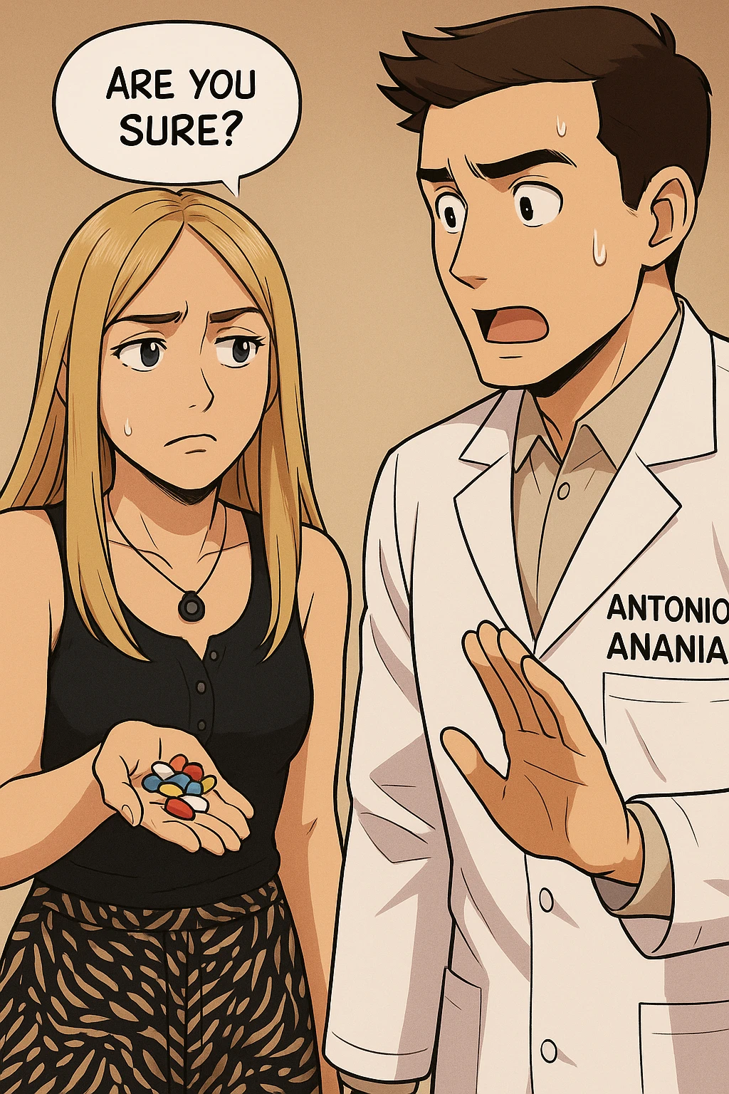 fai un webtoon/manga a colori con questo kinesiologo in camice bianco (fagli la scritta "ANTONIO ANANIA" SUL CAMICE) CHE PARLA CON QUESTA RAGAZZA CON GLI OCCHI AZZURRI. LA RAGAZZA HA UN PUGNO DI INTEGRATORI IN MANO (TANTE PILLOLE DIVERSE) E LE GUARDA DUBBIOSA. IL KINESIOLOGO CON IL CAMICE BIANCO LE DOMANDA UNA COSA SCIOCCATO. NON FARE I FUMETTI, FAI SOLO LORO COME SE DIALOGASSERO emoji