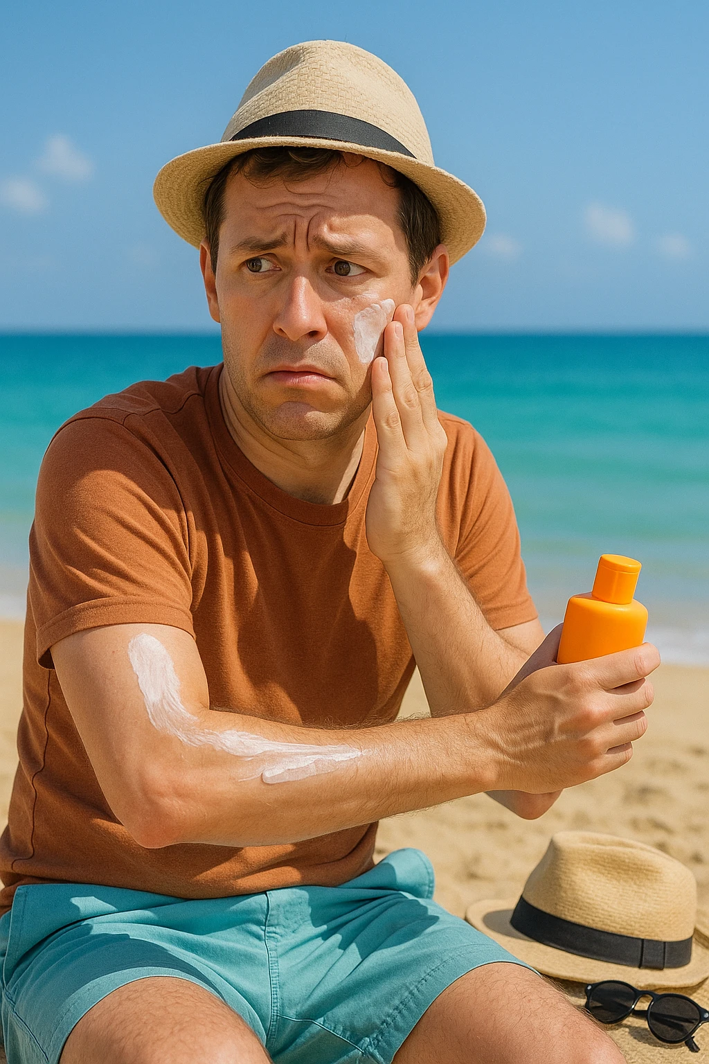 uomo a mare che si mette la crema solare perchè ha paura del sole emoji