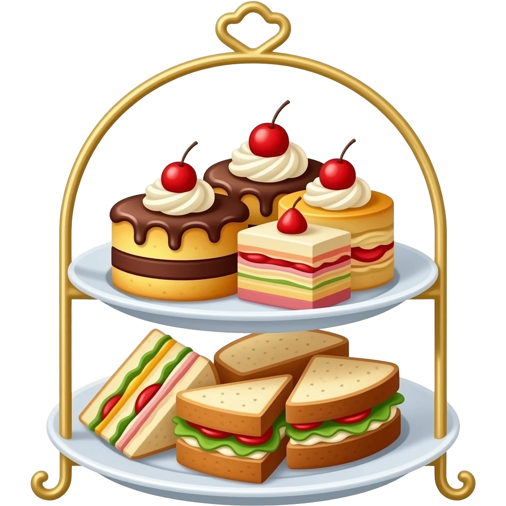 Elegant English afternoon tea stand with cakes and sandwiches Emoji emoji
