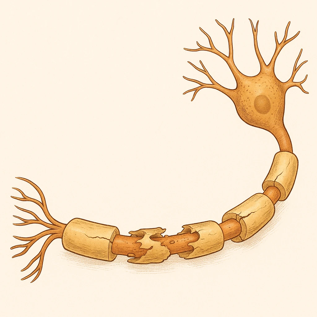 axon with myelin sheath deteriorating, visible gaps and damage, medical illustration style emoji