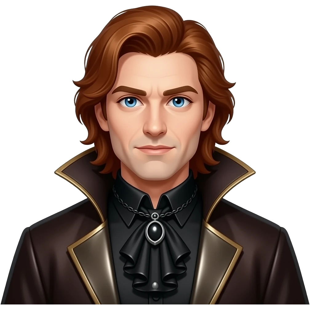 Van Helsing with blue eyes, reddish brown hair, black metallic ruffle shirt, black necklace, dark brown metallic cape emoji