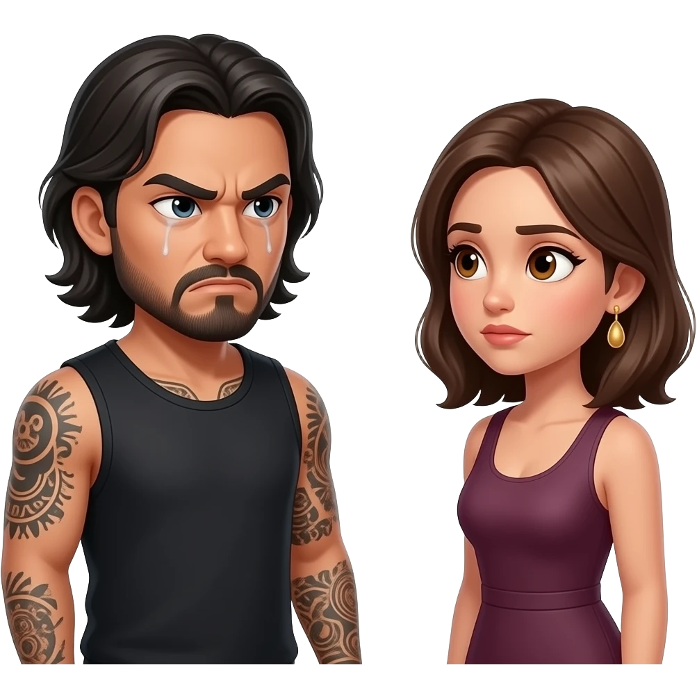 A really sad but angry Latino husband with medium length hair and beard and tattoos found out his wife was cheating on him with a bald, red bearded guy, and his wife is beautiful with hazel eyes and shoulder length brown hair and their relationship is broken emoji
