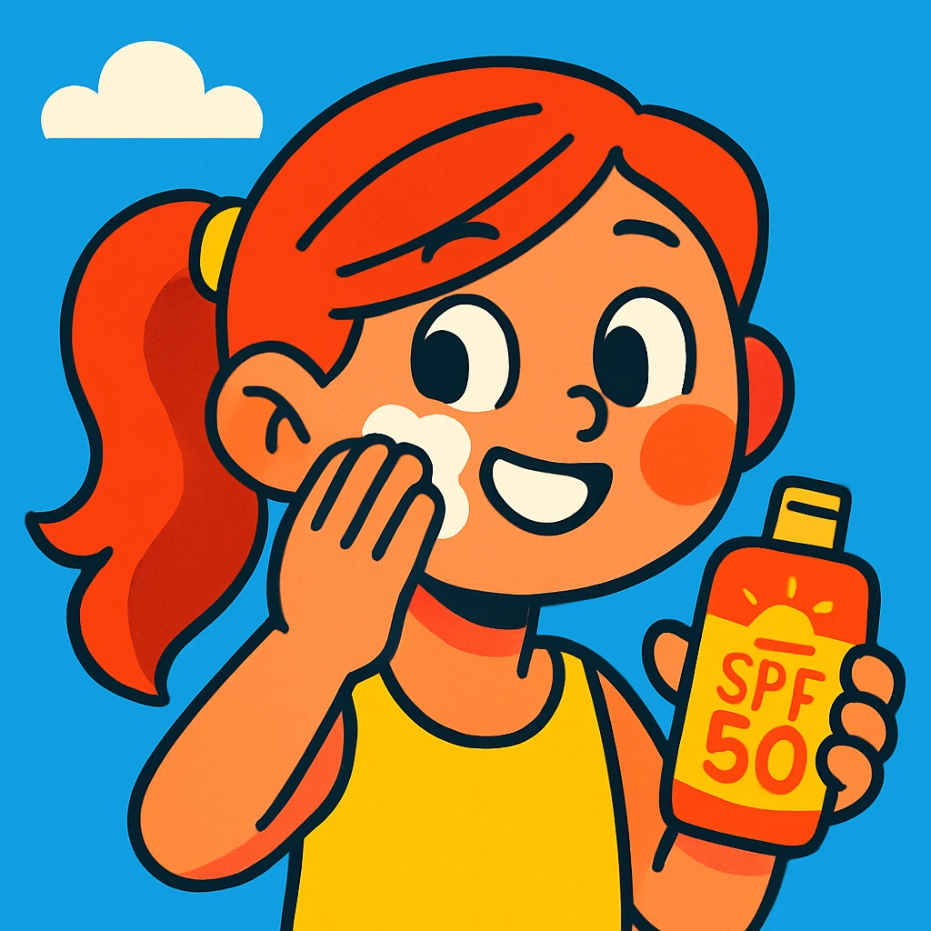 bright cartoon style of a girl applying sunscreen on her face emoji