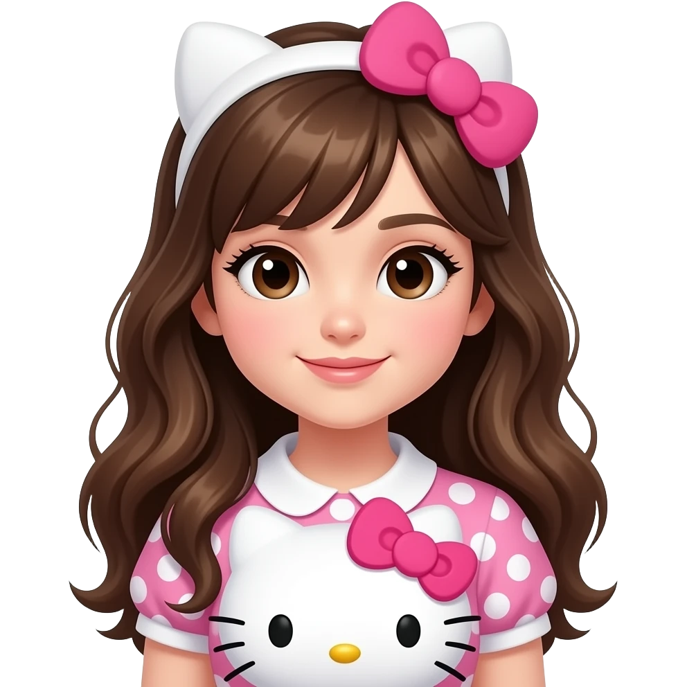 Beautiful girl sexy brunette long hair with hello kitty emoji
