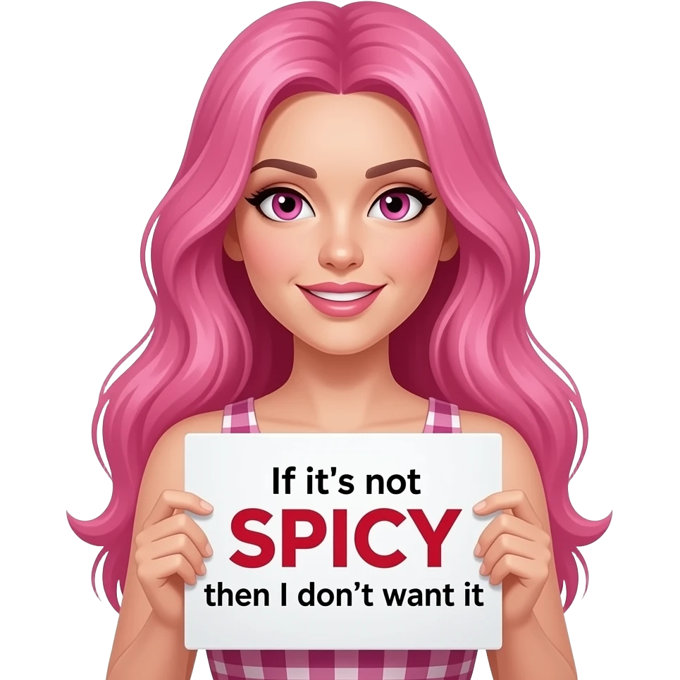 sexy girl with long pink hair and pink eyes holding a If it's not SPICY then I don't want it sign emoji