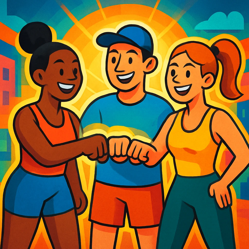Sporty trio, smiling and fist bumping, glowing aura, urban cartoon illustration, vibrant colors, fitness and teamwork atmosphere. emoji