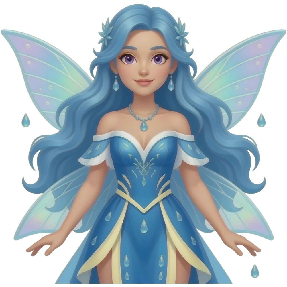 A full body female water fairy with blue hair violet eyes and wearing a blue outfit with white and cream yellow accents. emoji