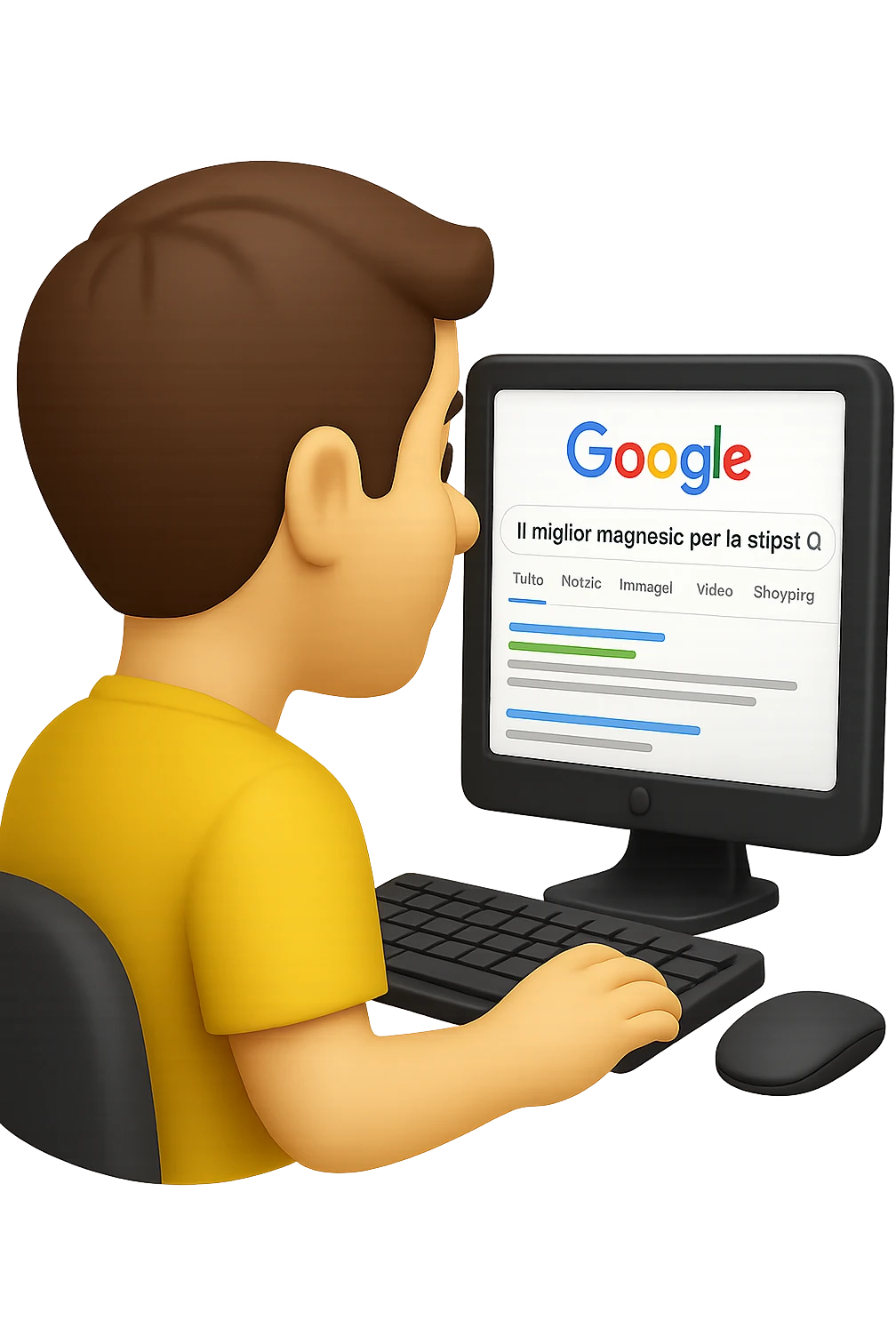 emoji stile iphone di un uomo davanti al pc che cerca di google: "Il miglior magnesio per la stipsi", iperrealistico 4k emoji