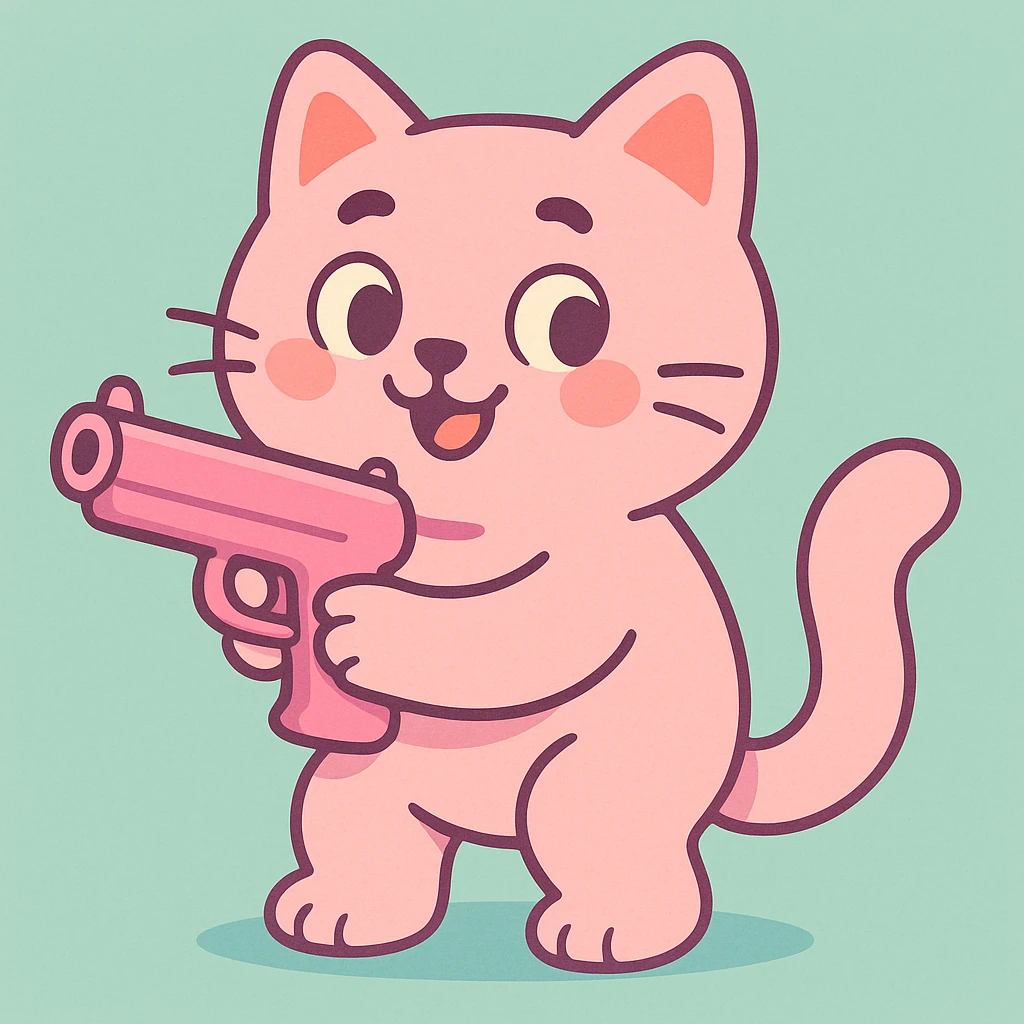 cute pink cat holding a pink gun, gentle shading, rounded shapes, cheerful vibe emoji