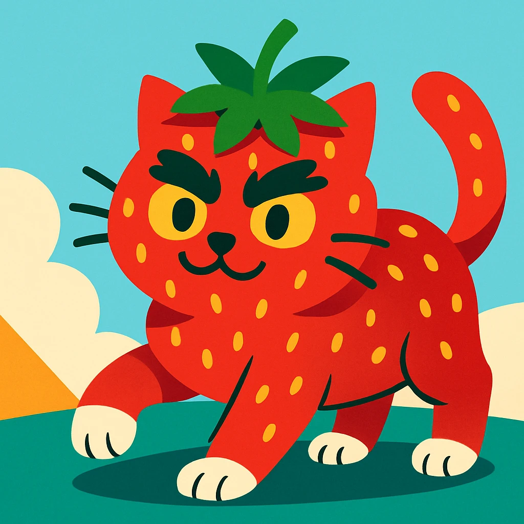 a cat with strawberry-like skin, prominent bushy eyebrows, and white toes, vibrant colorful style emoji
