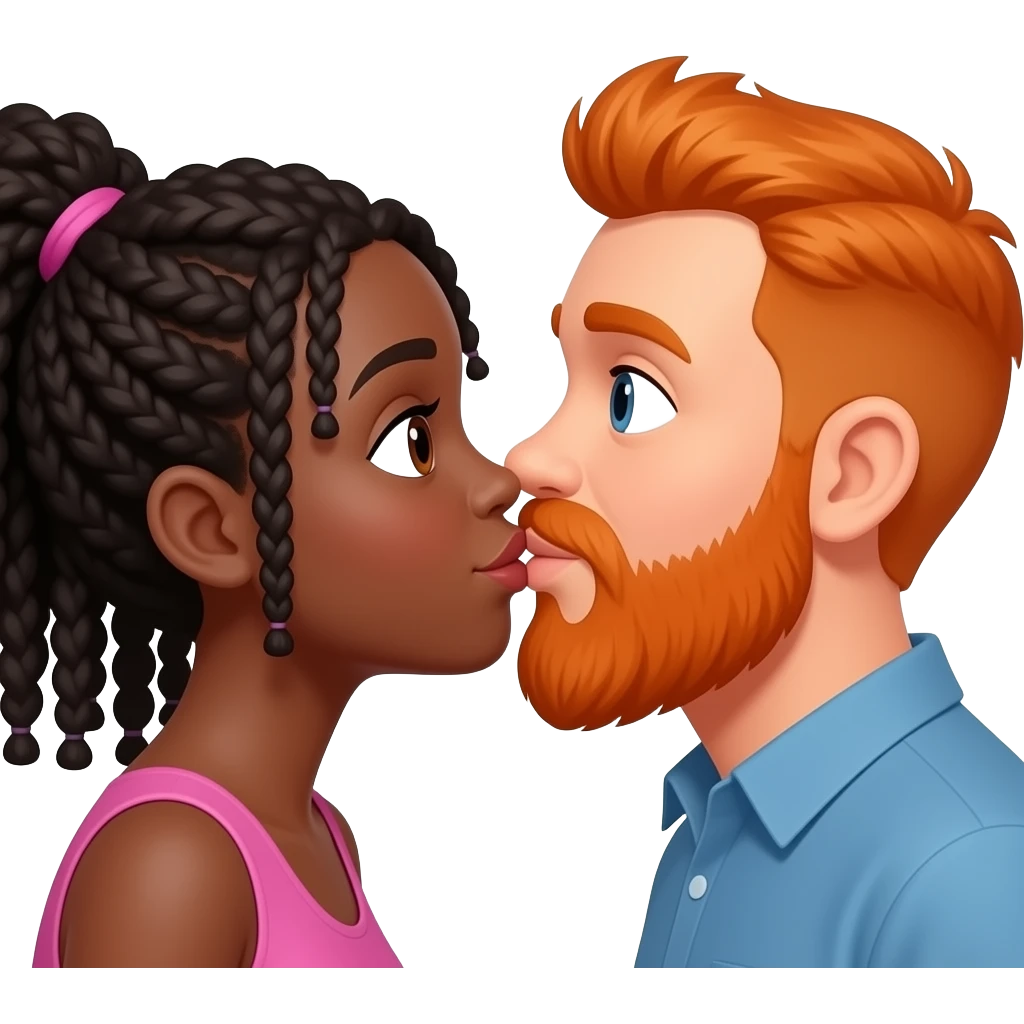 Black girl and orange  chubby head guy with beard kissing emoji