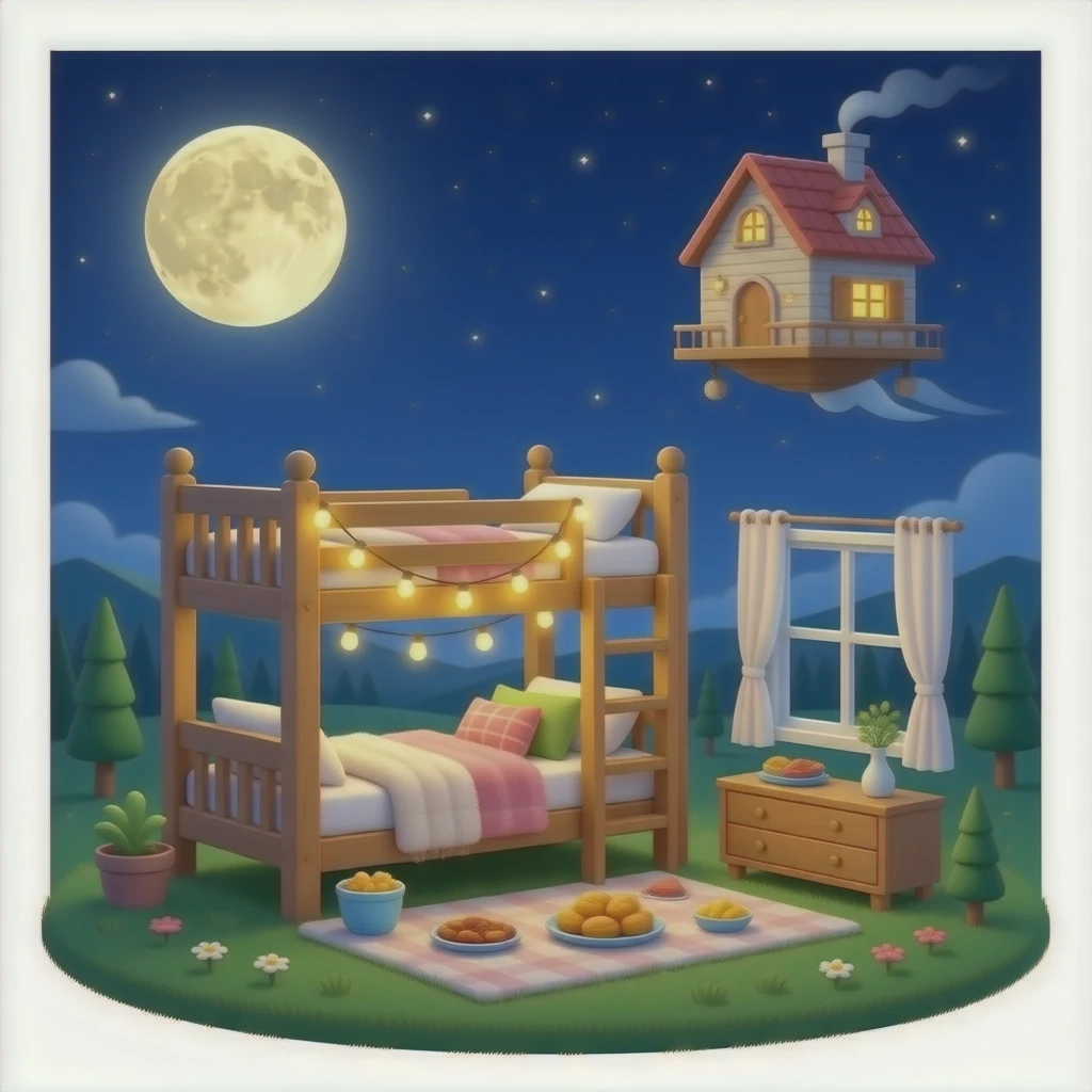 Sky bucnk bed  and ldc lights  and cozy fuzzy blankets and a flying home  in night and a cozy moon and a big window and snacks emoji