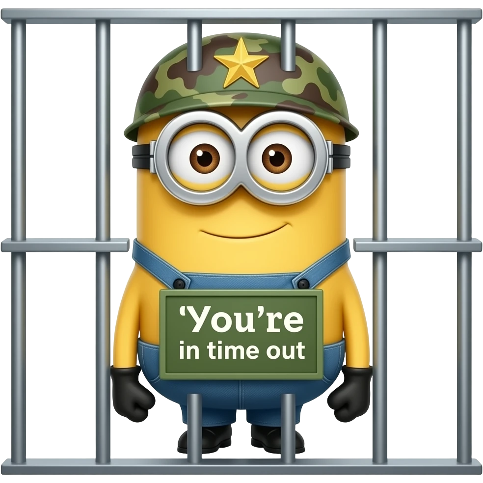 minion wearing army fatigues in jail text your in time out emoji