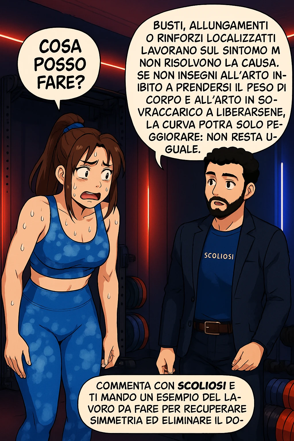 ispirati a questo stile di disegno e fai questa immagine in versione manga/webtoon a colori, il manga mostra la donna preoccupata che chiede: "COSA POSSO FARE?" E L'UOMO CHE RISPONDE: Busti, allungamenti o rinforzi localizzati lavorano sul sintomo ma non risolvono la causa. Se non insegni all’arto inibito a prendersi il peso del corpo e all’arto in sovraccarico a liberarsene, la curva potrà solo peggiorare; non resta uguale. Commenta con scoliosi e ti mando un esempio del lavoro da fare per recuperare simmetria ed eliminare il dolore. emoji