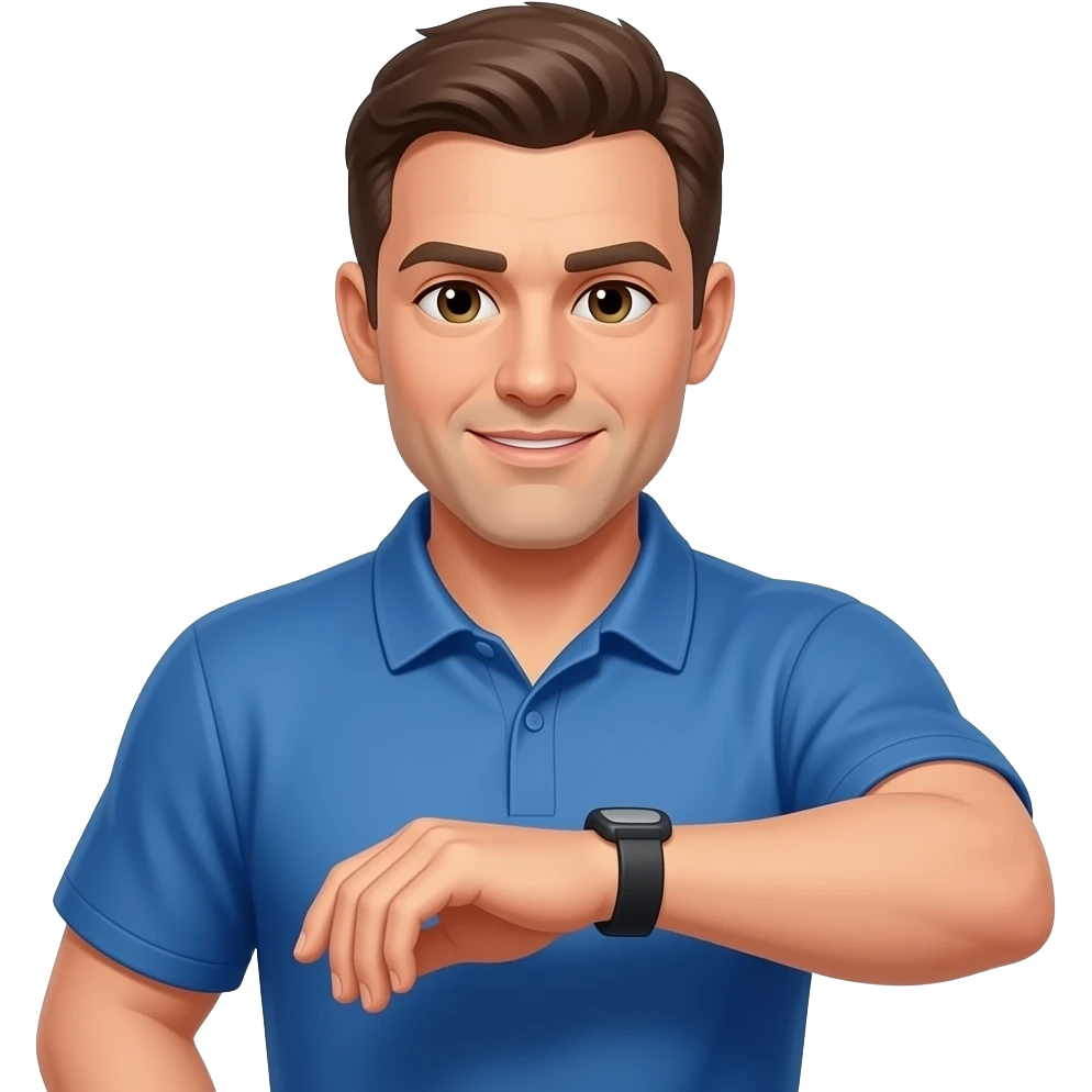 football coach in a blue shirt looking down at his forearm while touching his wrist emoji