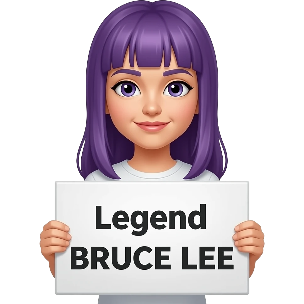 girl with long purple hair holding a Legend BRUCE LEE sign emoji