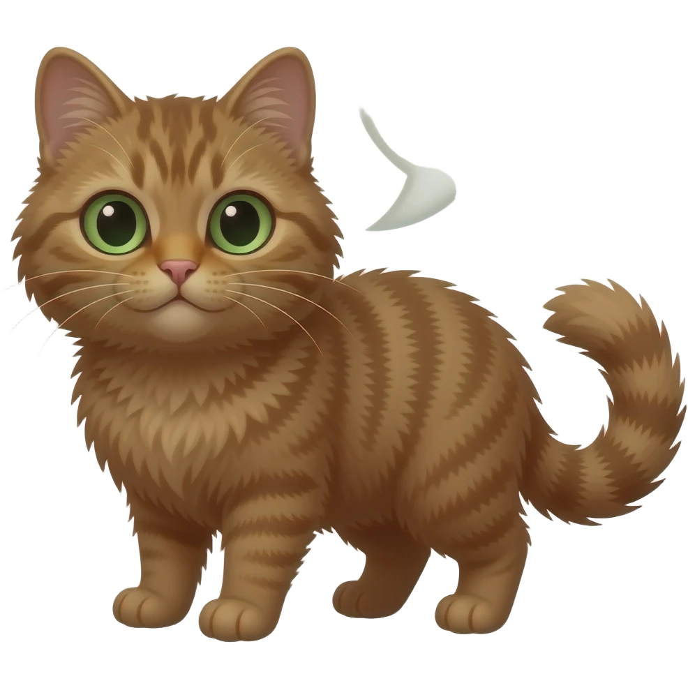Cute content pitch-dark fuzzy brown scrunkly cat With no patterns, with green eyes saying “OK” in golden letters with a speech bubble emoji