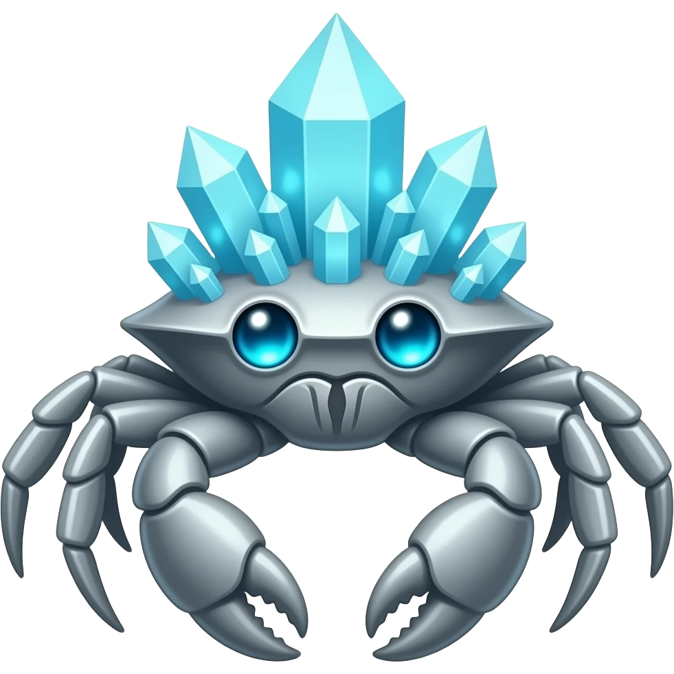 A Gray crab with crystals on its back with blue glowing eyes facing forward emoji