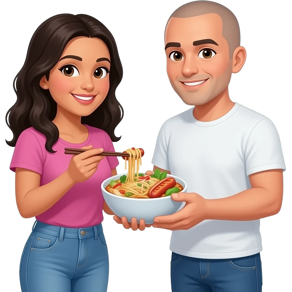 Mexican woman with dark hair and white man with shaved head wearing different colored jeans and t shirts sharing pad thai made with hot dogs emoji
