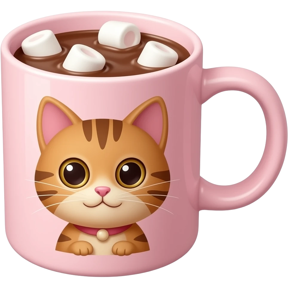 Caneca rosa clara com uma estampa de um gatinho Marrom em uma caneca, e da caneca que não é a estampa, tem chocolate quente com marshmallows. emoji