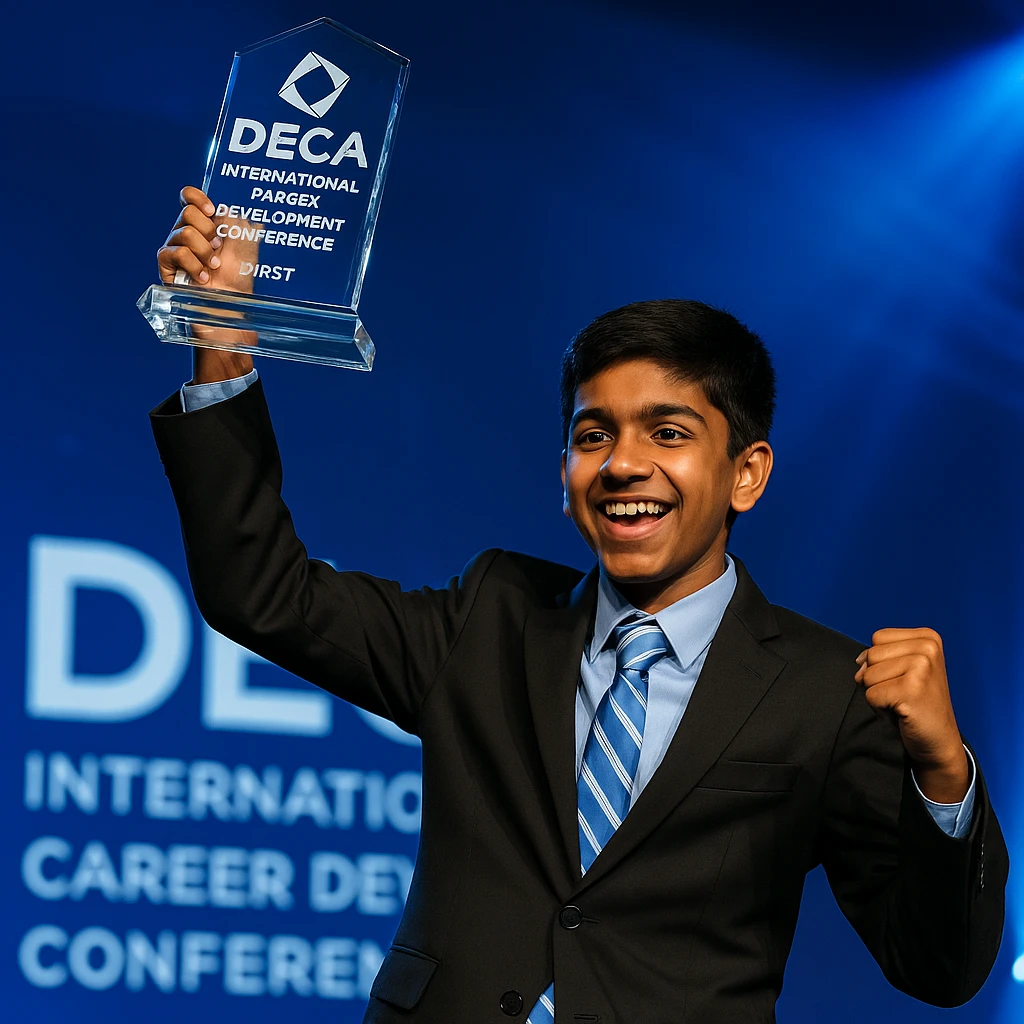 An Indian 14-year-old boy on stage at the DECA International Career Development Conference, raising the official DECA glass trophy above his head in triumph. The trophy is highly detailed and accurate, with DECA branding and blue lighting on stage. emoji