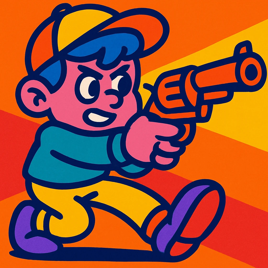 boy character with pink skin, blue hair, a hat, and a gun pointed forward, bold and playful style, vibrant colors emoji