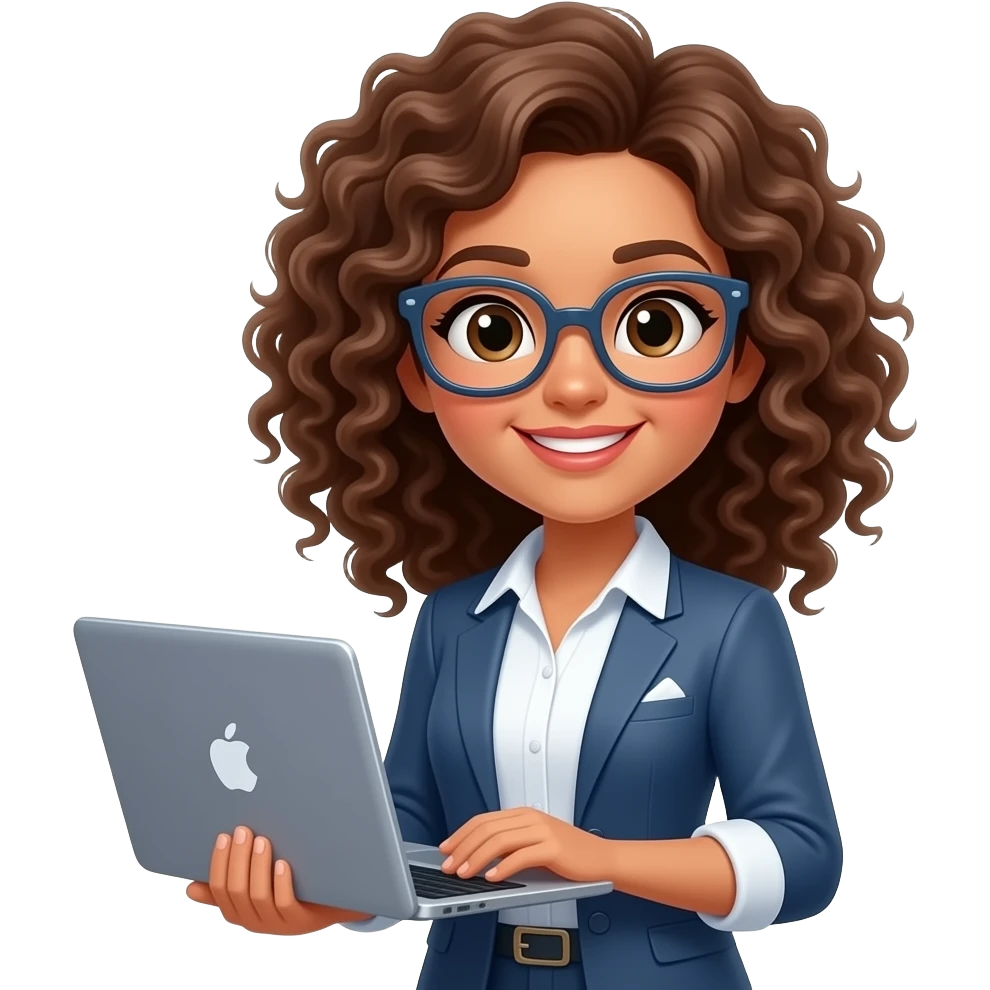 Brown curly hair female teacher with laptop emoji