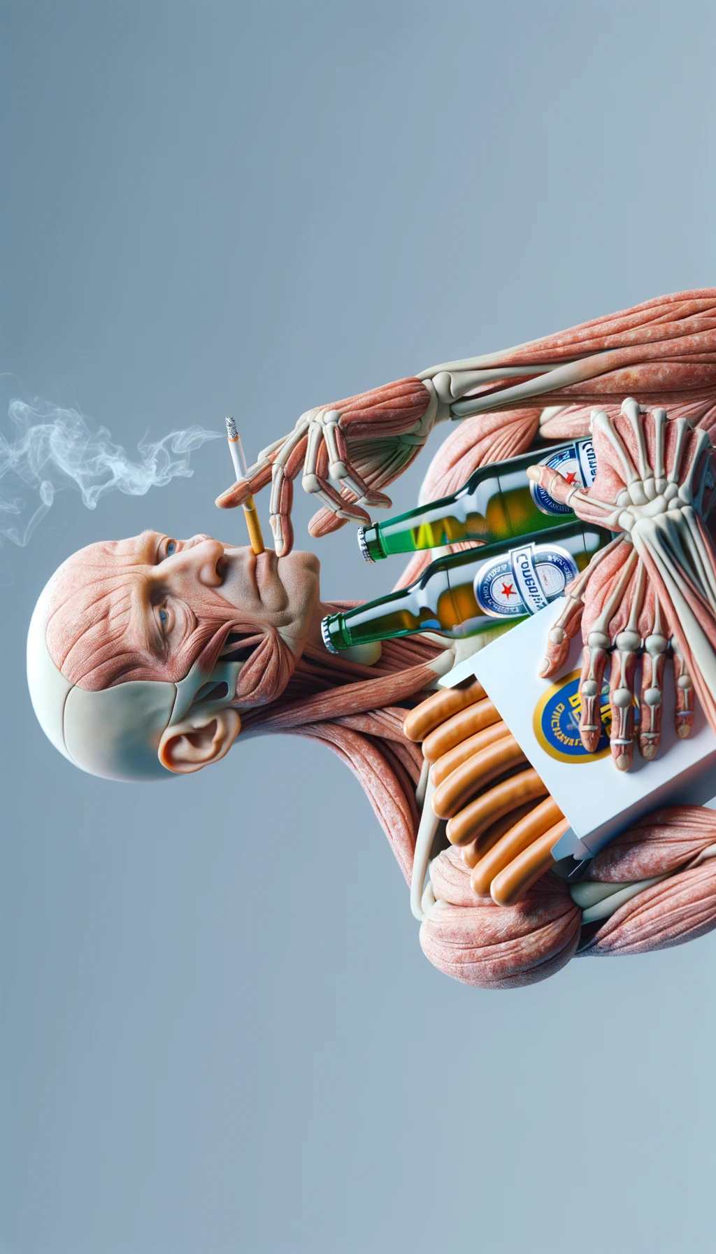 CORPO UMANO ANATOMICO TIENE UNA SIGARETTA IN BOCCA E STA FUMANDO MENTRE TIENE TRA LE BRACCIA UNA BIRRA E WURSTEL CONFEZIONATI, LI GUARDA CON ESPRESSIONE INDECISA IN VOLTO, NEUTRAL CLEAR BACKGROUND, iperrealistico 4k emoji