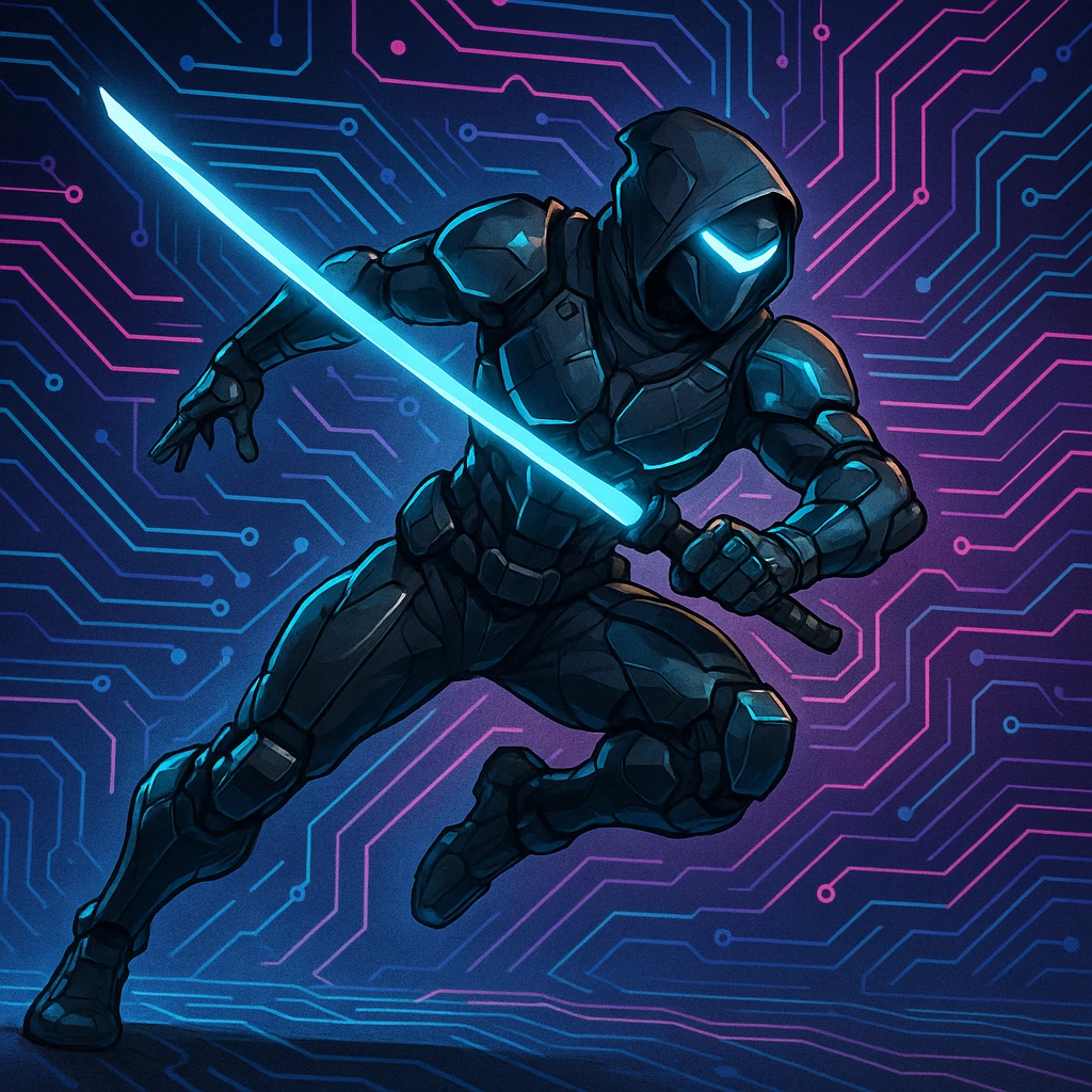 cyber ninja, futuristic armor, glowing accents, dynamic pose, digital background emoji