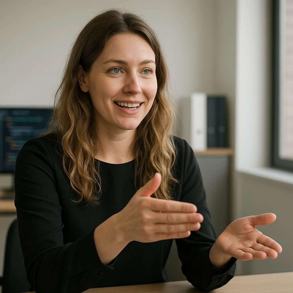 European female software developer, long beach wavy dark blonde hair, green eyes, black long-sleeved blouse, no chain, no glasses, business setting, smiling, teaching behavior emoji