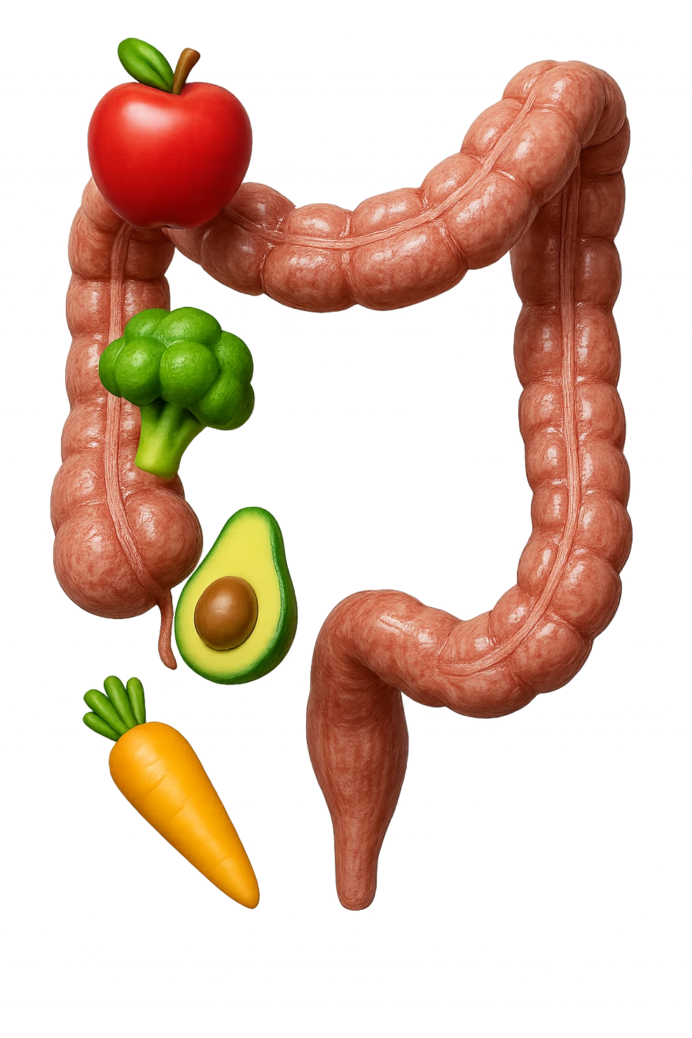 emoji stile iphone in 3d di cibo sano che fluttua in aria vericalmente insieme a pezzi di colon umano anatomico, iperrealistico 4k emoji