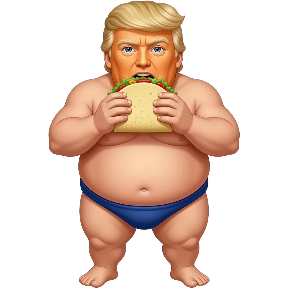 Very fat Donald trump as a sumo wrestaler eating a taco emoji