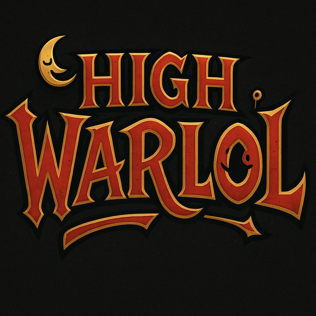 stylized World of Warcraft title design for 'High Warlol', gothic fantasy fonts, Horde color palette red black gold, subtle comic elements emphasizing playful twist on 'Warlord' emoji
