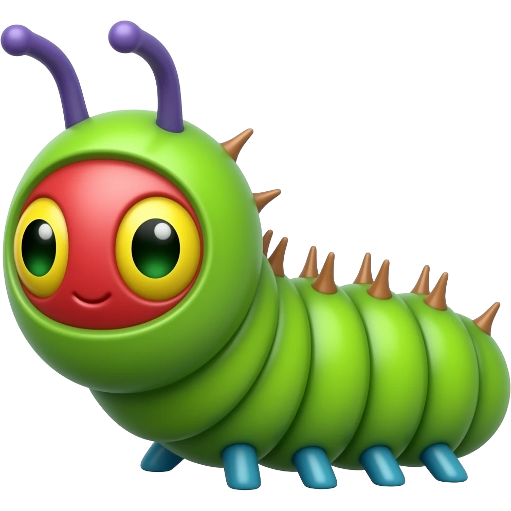 a small, bright green larva with a round red face, two yellow-and-green eyes, and purple antennae. Its segmented body features a row of tiny brown tufts along its back and is supported by several sets of small blue legs. emoji