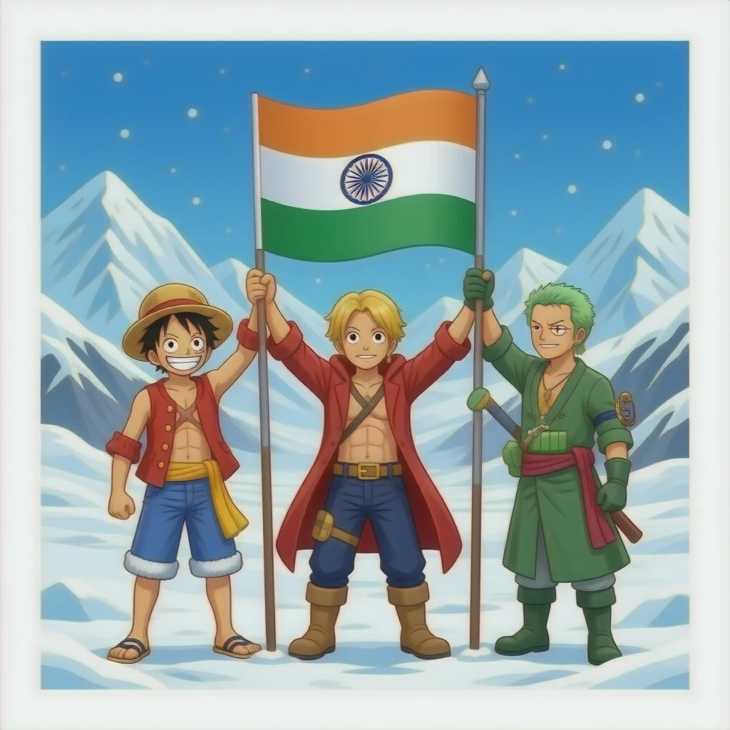 Luffy and sanji then zoro from One piece all three military general has hoisted the Indian flag in Siachen glacier emoji