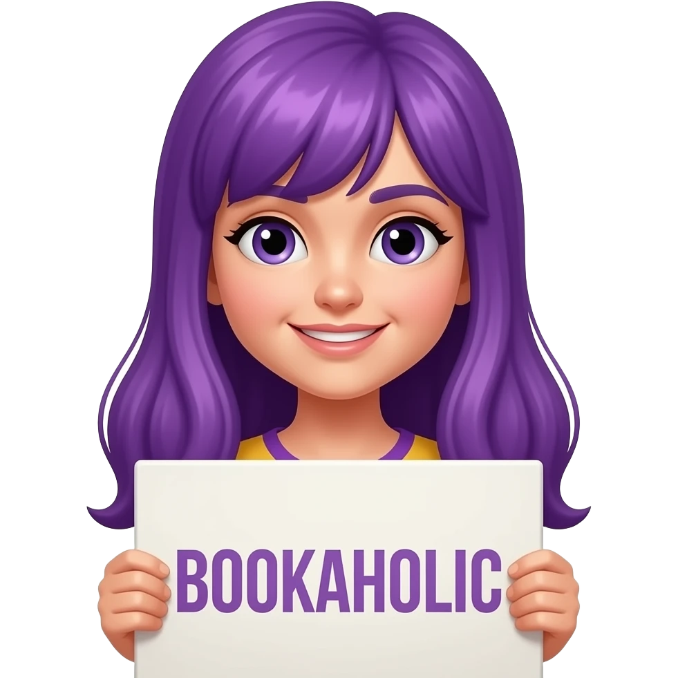 girl with long purple hair with a BOOKAHOLIC sign emoji