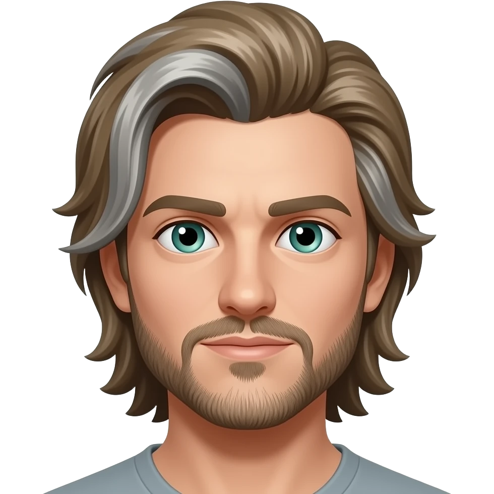 Mullet with side flares, hazel blue green eyes, some grays with mostly hazel hair, 5 o’clock shade beard emoji