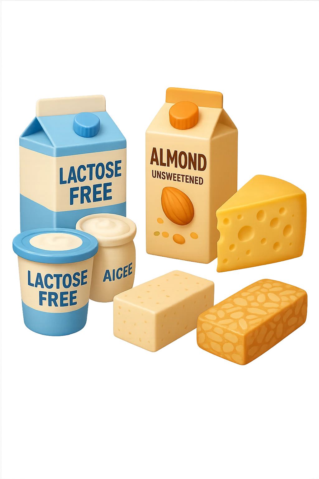 emoji stile iphone 3d di Latte e yogurt delattosati
Latte di mandorla (non zuccherato)
Latte di soia da proteine isolate
Formaggi stagionati (es. parmigiano)
Tofu compatto e tempeh
 che fluttuano in aria, iperealistico 4k emoji