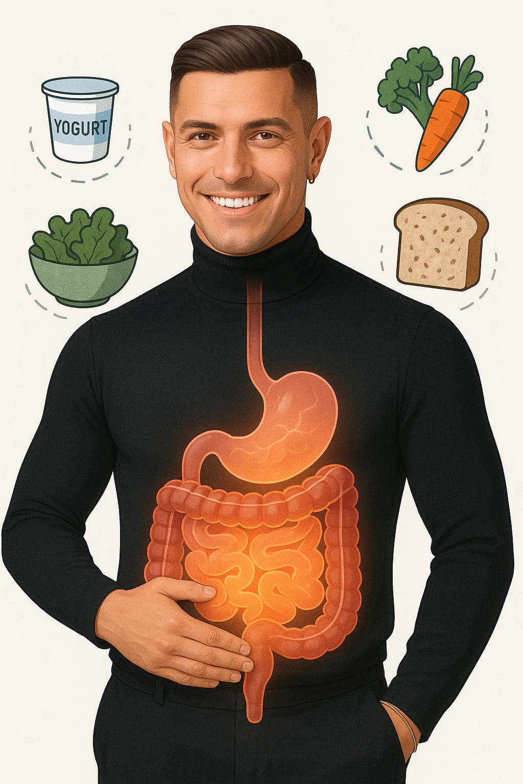 a fit, smiling man stands confidently with one hand on his abdomen. A transparent overlay reveals a healthy, detailed digestive tract with a glowing, vibrant intestine. Around him, icons of healthy foods like yogurt, vegetables, and whole grains float, symbolizing good gut health. The background is clean and bright, with an educational mood. emoji
