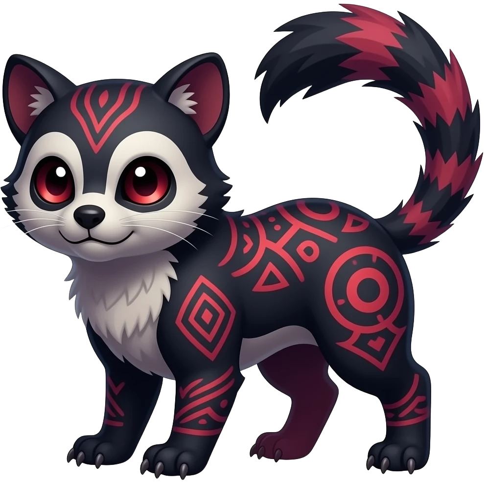 Rare warm-colored exotic gloomy tropical edgy cute epic aesthetic spooky indigo violet purple black red gothic colorful Salandit-Civet-species-Fakemon-hybrid-creature, with tribal tattoo markings, full body emoji