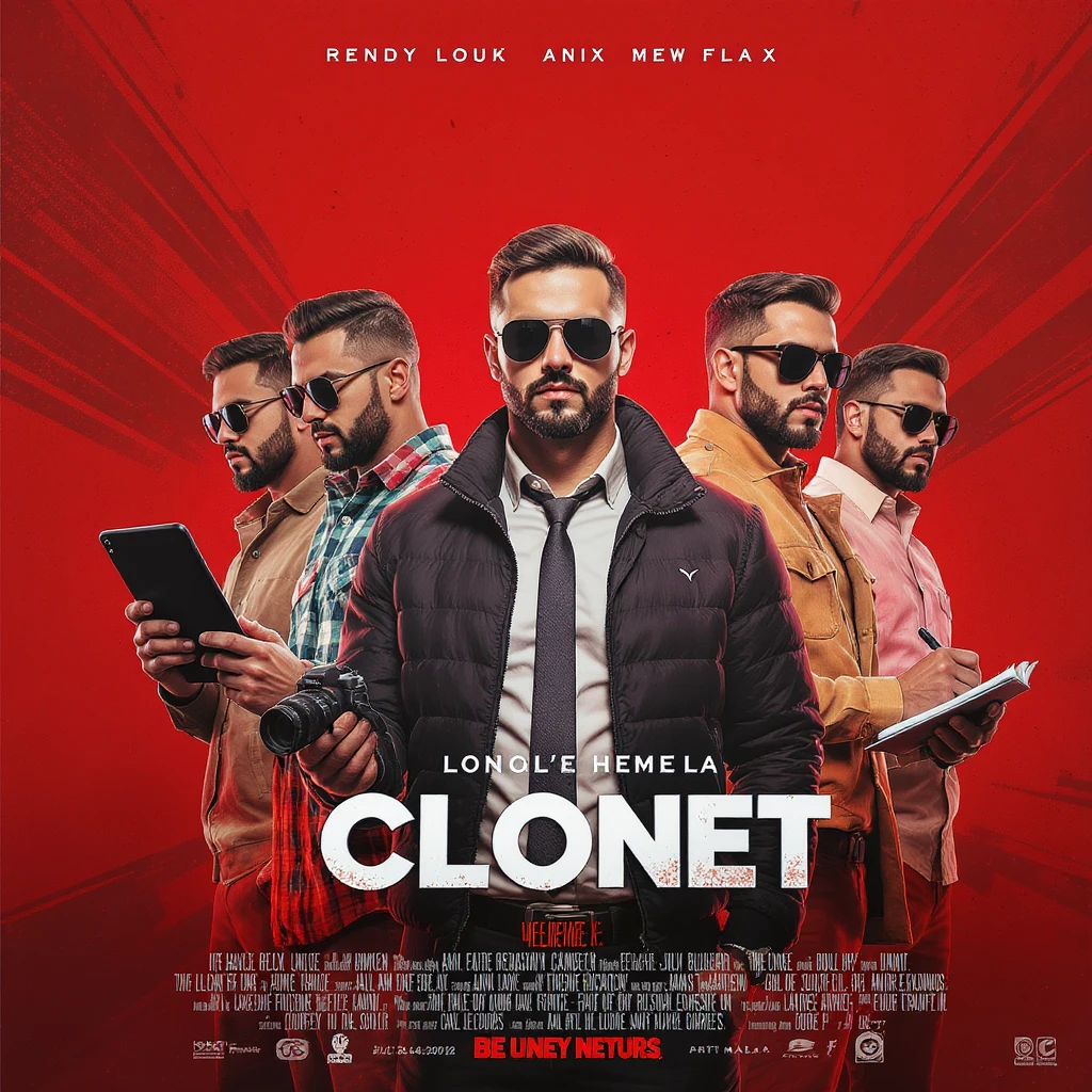 Dynamic poster, Make him as 5 clones. First holding ipad, Second holding camera, another writing, make them diffrent outfits (red soild background) emoji