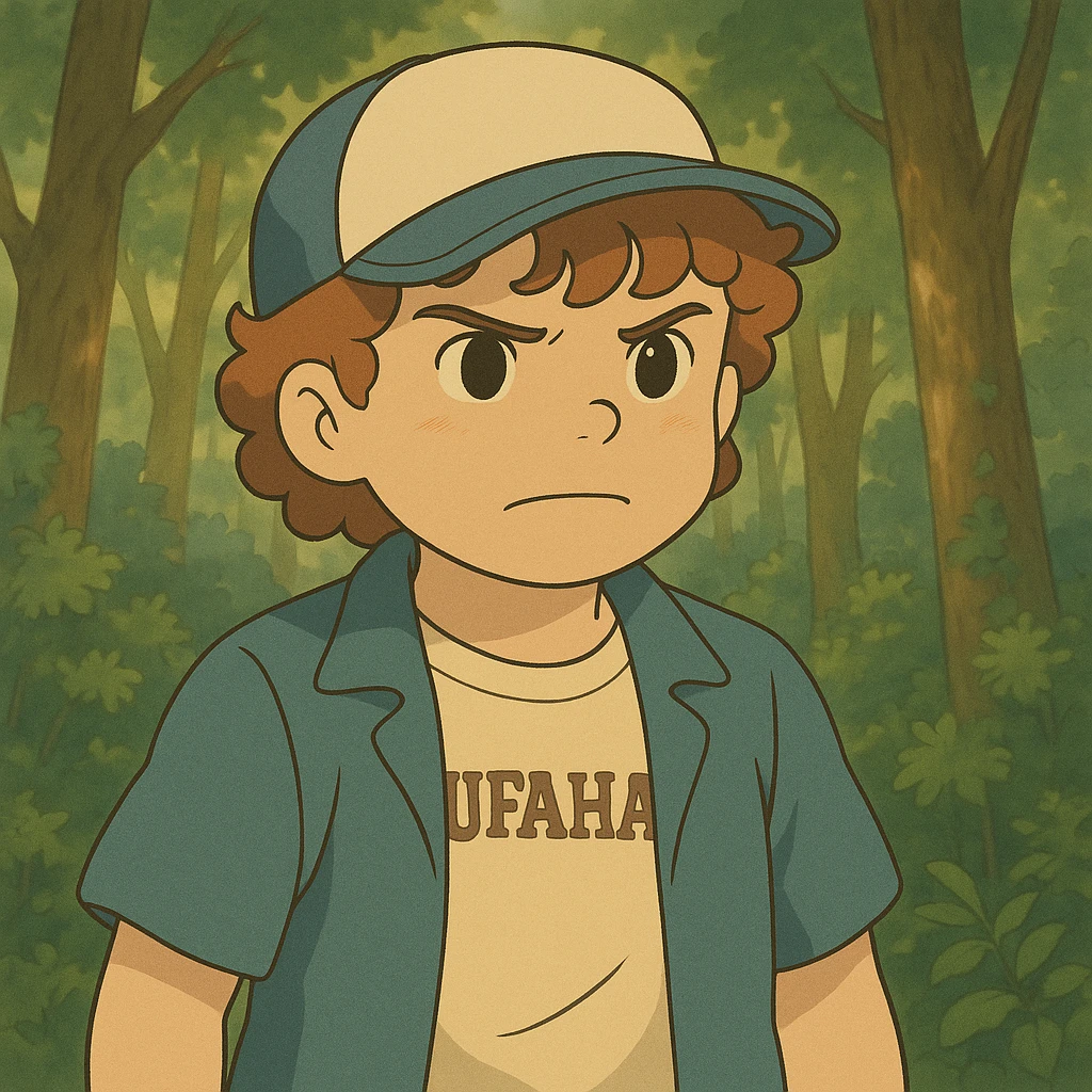 Maintain Dustin with a determined expression, simple and delicate line art as in the reference drawing, colored in pastel tones, with thick and dark outlines, in Ghibli style, 1:1 format, forest background. emoji