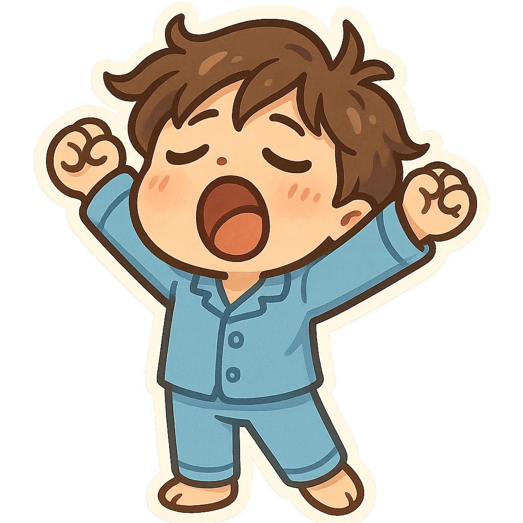 cartoon style emoji of a person stretching and yawning, wearing pajamas, tousled hair emoji