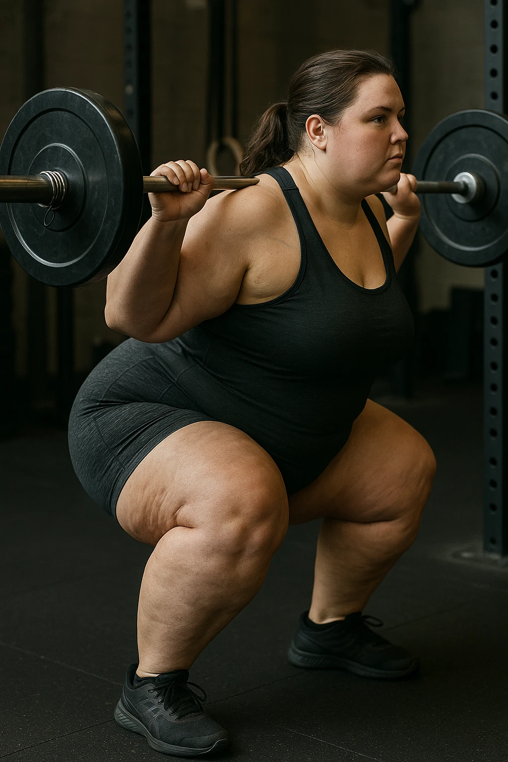 donna grassa con lipedema alle gambe che fa uno squat di profilo con bilanciere, IPERREALISTICA 4K emoji