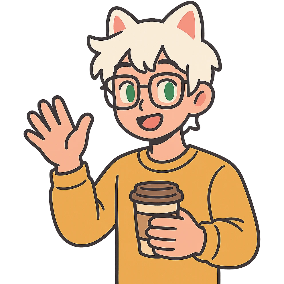 An anime guy with white hair, white cat ears, green eyes, and glasses, holding a coffee cup in his hand and waving emoji