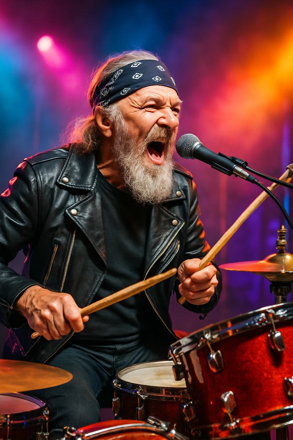 an elderly rock musician drummer singing with gray beard, bandana, leather jacket, playing drums, microphone, dynamic pose, colorful stage emoji