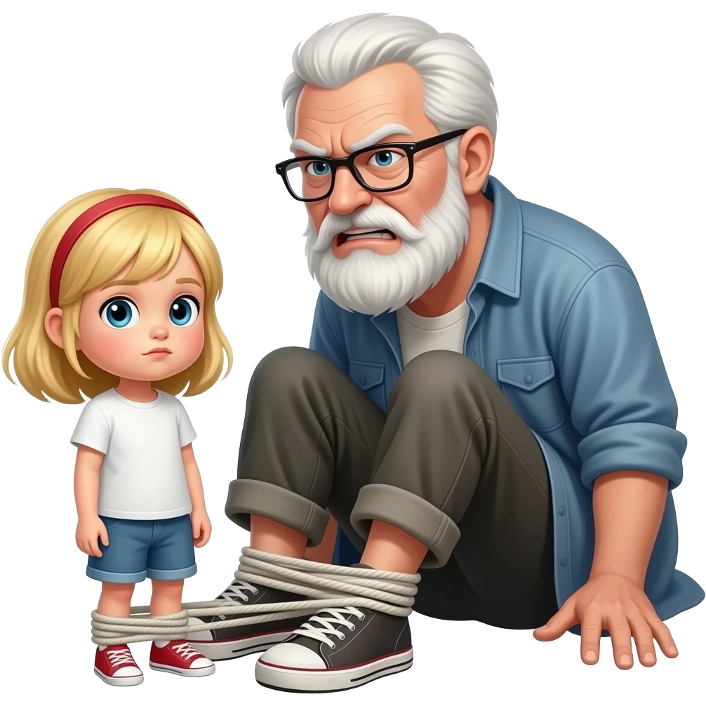 Small blonde girl tied to the foot of an evil homeless 50 year old angry white male emoji