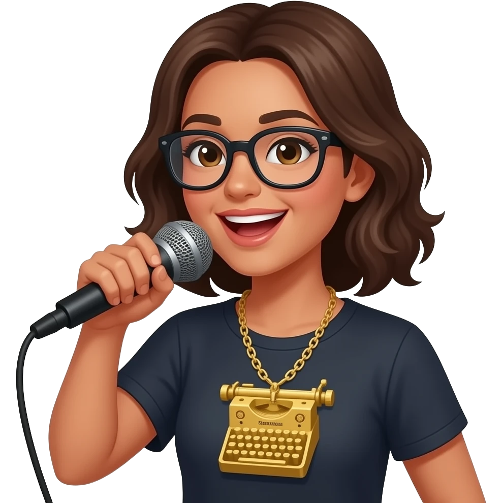 A nerdy person rapping and wearing a golden stenography machine for a necklace. She raps: "But I doubt I roll lyrics as I have to girls!!"
 emoji