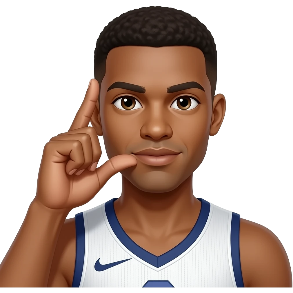 Make the mans skin light brown and a basketball player with his first and second fingers held up to his right ear and his thumb held on his lips like a phone emoji