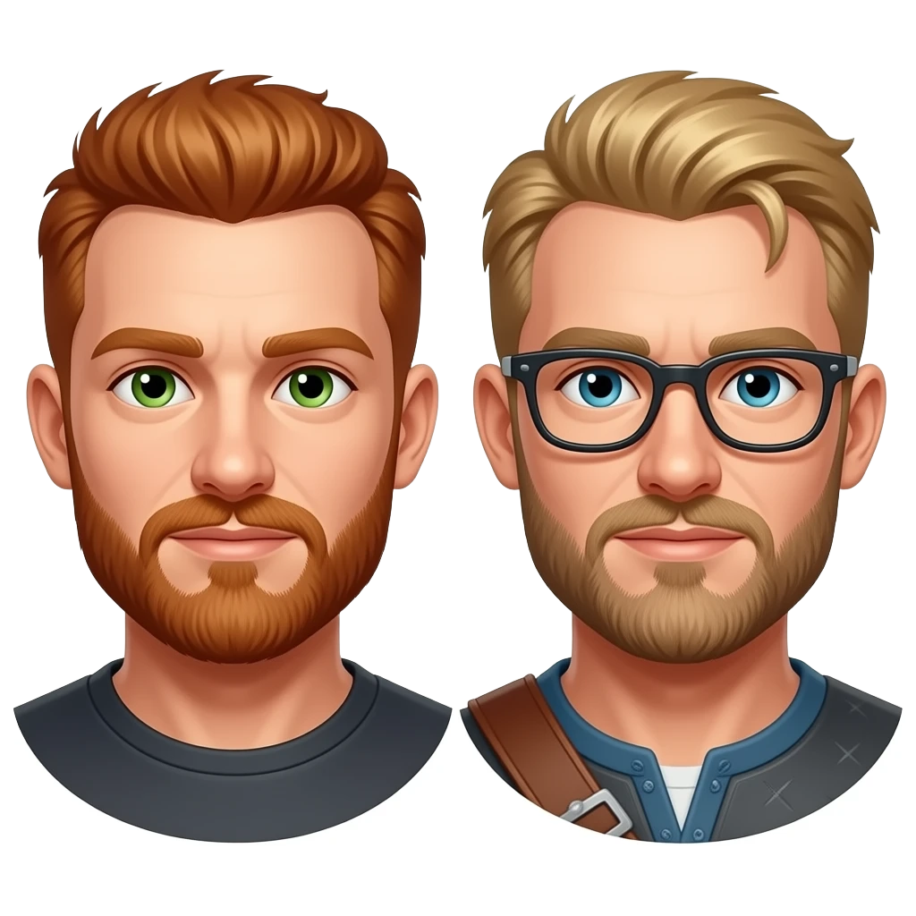 man with short red hair and green eyes, short beard with his partner who has blond hair and short beard, more oval shape head and wears glasses, as vikings emoji
